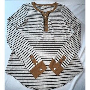 Hem & Thread Women’s Striped Henley Top Size Small Brown, Cream, Navy W/ Suede